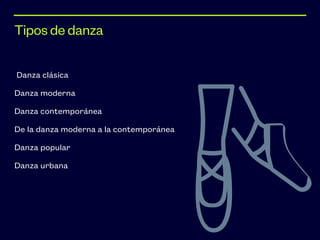 Danza clásica


Danza moderna


Danza contemporánea


De la danza moderna a la contemporánea


Danza popular


Danza urbana
Tipos de danza
 