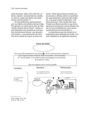 132 / Victorino Zecchetto


actos ilocutivos, tales como informar, or-                 varse). ―Decir algo producirá ciertas con-
denar, advertir, comprometernos, etcéte-                   secuencias o efectos sobre los sentimien-
ra, esto es, actos que tienen una cierta                   tos, pensamientos o acciones del audito-
fuerza (convencional).‖18                                  rio, o de quien emite la expresión, o de
    - El acto perlocutivo (perlocutionary                  otras personas‖. Pero quede claro que
act): se refiere a los efectos del decir algo.             ―Existe una diferencia entre lo que consi-
Por ejemplo, la mamá que le dice al chico:                 deramos la producción real de efectos rea-
―Andá a lavarte ahora mismo‖, realiza un                   les y lo que consideramos como meras
acto lingüístico que consiste en una locu-                 consecuencias convencionales.19
ción (los términos dichos), una ilocución                      La importancia que han tenido en la
(una orden), y una perlocución (la inten-                  pragmática estos distingos de Austin, me-
ción de la mamá de inducir al chico a la-                  rece resaltarla en el siguiente esquema:



                                      Actos de habla



     Son enunciados pragmáticos que utilizamos en las comunicaciones ordinarias,
           para expresar nuestro modo de estar en el mundo y en la sociedad.
          El “acto de habla” es la unidad mínima del lenguaje conversacional
                                   de la práctica verbal.

                            Hay tres aspectos en los Actos de habla:

    Locutivo :                         Ilocutivo :                           Perlocutivo :
                                       Es lo que hacemos al decir            Son los efectos de decir
                                       Algo: preguntar, pedir,, etc.         Algo. Ej. “¡Ponte de pie!”


    Es el acto mismo                                                                 ¡ Tom a!
    de hablar.                     ¡Dame un
    Es el decir algo               ejemplar!




18 Ib. Confer. IX p. 153
19 Ib. p. 145, p. 147
 