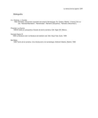 La danza de los signos / 241


    Bibliografía


A.J. Greimas, J. Courtés
     1982 Semiótica. Diccionario razonado de la teoría del lenguaje. Ed. Gredos, Madrid - 2 tomos (Ver vo-
          ces: ―Narrador/Narratario‖, ―Narratividad‖, ―Narrativo (Esquema)‖, ―Narrativo (Recorrido)‖).


Pimentel, Luz Aurora
   1998 El relato en perspectiva. Estudio de teoría narrativa. Edit. Siglo XXI, México.

Gonzalo Espino R.
  1999 La literatura oral o la literatura de tradición oral. Edit. Abya-Yala, Quito, 1999

Bal Mieke
    1998 Teoría de la narrativa. Una introducción a la narratología. Editorial Cátedra, Madrid, 1998
 