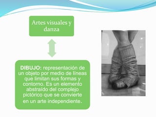 Artes visuales y
danza
DIBUJO: representación de
un objeto por medio de líneas
que limitan sus formas y
contorno. Es un elemento
abstraído del complejo
pictórico que se convierte
en un arte independiente.