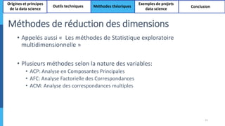 Méthodes de réduction des dimensions
• Appelés aussi « Les méthodes de Statistique exploratoire
multidimensionnelle »
• Plusieurs méthodes selon la nature des variables:
• ACP: Analyse en Composantes Principales
• AFC: Analyse Factorielle des Correspondances
• ACM: Analyse des correspondances multiples
21
Origines et principes
de la data science
Outils techniques Méthodes théoriques
Exemples de projets
data science
Conclusion
 