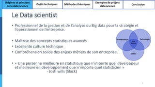 Le Data scientist
• Professionnel de la gestion et de l’analyse du Big data pour la stratégie et
l’opérationnel de l’entreprise.
• Maîtrise des concepts statistiques avancés
• Excellente culture technique
• Compréhension solide des enjeux métiers de son entreprise.
• « Une personne meilleure en statistique que n’importe quel développeur
et meilleure en développement que n’importe quel statisticien »
- Josh wills (Slack)
5
Mathématique Technologie
Data
Science
Métier
Origines et principes
de la data science
Outils techniques Méthodes théoriques
Exemples de projets
data science
Conclusion
 