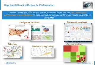 © 16
Représentation & diffusion de l’information
Les fonctionnalités offertes par les nouveaux outils permettent de rendre plus
pertinentes les restitutions en proposant des modes de restitution visuels innovants et
complexes
Intégration de cartes Scorecards complexes
Tube map
Timeline & Story telling
Carte de chaleur
 