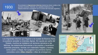 Se produjeron migraciones internas desde las áreas rurales a las
grandes ciudades. Además, los capitales británicos y los
estadounidenses compitieron por el control del mercado argentino.
1930
Los migrantes internos que llegaron a la ciudad de Buenos Aires
no pudieron acceder a viviendas dignas. Sin ayuda por parte del
Estado, muchos se instalaron en terrenos cercanos a las
fábricas, las estaciones ferroviarias o los puertos y levantaron
viviendas precarias, hechas con materiales frágiles y baratos,
como cartón y chapa. Así surgieron los primeros barrios
conocidos como villas miseria o villas de emergencia.
 
