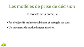 Les modèles de prise de décision
le modèle de la corbeille…
• Pas d’objectifs vraiment cohérents et partagés par tous.
• Un processus de production peu matériel.
 