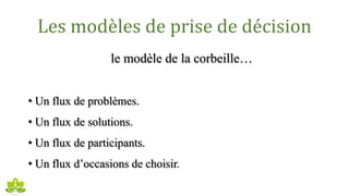 Les modèles de prise de décision
le modèle de la corbeille…
• Un flux de problèmes.
• Un flux de solutions.
• Un flux de participants.
• Un flux d’occasions de choisir.
 