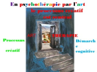 En psychothérapie par l’art
          le processus créatif
               est central


            ART   THÉRAPIE
Processus                Démarch
                         e
 créatif                 cognitive
 