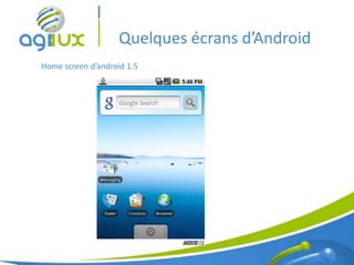 Quelques écrans d’Android
Home screen d’android 1.5




                                                8
 