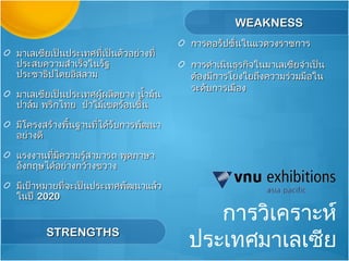 WEAKNESS
                                       การคอรัปชั่นในแวดวงราชการ
มาเลเซียเป็นประเทศที่เป็นตัวอย่างที่
ประสบความสำาเร็จในรัฐ                  การดำาเนินธุรกิจในมาเลเซียจำาเป็น
ประชาธิปไตยอิสลาม                      ต้องมีการโยงใยถึงความร่วมมือใน
                                       ระดับการเมือง
มาเลเซียเป็นประเทศผู้ผลิตยาง นำ้ามัน
ปาล์ม พริกไทย ป่าใม้เขตร้อนชื้น

มีโครงสร้างพื้นฐานที่ได้รับการพัฒนา
อย่างดี

แรงงานที่มีความรู้สามารถ พูดภาษา
อังกฤษได้อย่างกว้างขวาง

มีเป้าหมายที่จะเป็นประเทศพัฒนาแล้ว
ในปี 2020

                                          การวิเคราะห์
       STRENGTHS
                                       ประเทศมาเลเซีย
 