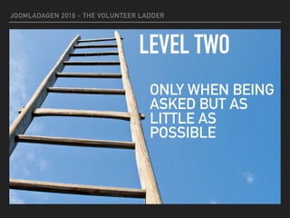 JOOMLADAGEN 2016 - THE VOLUNTEER LADDER
LEVEL TWO
ONLY WHEN BEING
ASKED BUT AS
LITTLE AS
POSSIBLE
 