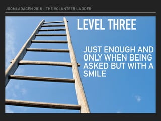 JOOMLADAGEN 2016 - THE VOLUNTEER LADDER
LEVEL THREE
JUST ENOUGH AND
ONLY WHEN BEING
ASKED BUT WITH A
SMILE
 
