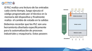 Debemos recordar que los PLC son una
herramienta diseñada específicamente
para la automatización de procesos
industriales y maquinaria. Estos poseen:
El PLC realiza una lectura de las entradas
cada cierto tiempo, luego ejecuta el
código programado por el técnico en la
memoria del dispositivo y finalmente
realiza el cambio de estado en la salidas
Entrada
Salida
Procesa-
miento
Sensores
Actuadores
 