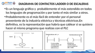 •Es un lenguaje gráfico y probablemente el más extendido en todos
los lenguajes de programación y por tanto el más similar a otros.
•Probablemente es el más fácil de entender por el personal
proveniente de la industria eléctrica y técnicos eléctricos.En
definitiva, es la representación que habría que cablear si se quisiera
hacer el mismo programa que realizas con el PLC
DIAGRAMA DE CONTACTOS LADDER O DE ESCALERAS
 