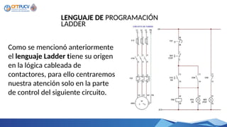Como se mencionó anteriormente
el lenguaje Ladder tiene su origen
en la lógica cableada de
contactores, para ello centraremos
nuestra atención solo en la parte
de control del siguiente circuito.
LENGUAJE DE PROGRAMACIÓN
LADDER
 