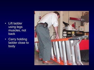 • Lift ladderLift ladder
using legsusing legs
muscles, notmuscles, not
backback
• Carry holdingCarry holding
ladder close toladder close to
bodybody
 