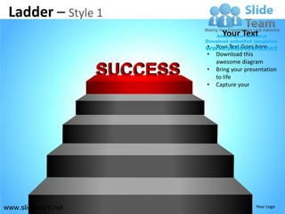 Ladder – Style 1
                          Your Text
                    •   Your Text Goes here
                    •   Download this
                        awesome diagram
                    •   Bring your presentation
                        to life
                    •   Capture your




www.slideteam.net                      Your Logo
 