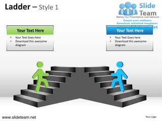 Ladder – Style 1

         Your Text Here              Your Text Here
    •   Your Text Goes here     •   Your Text Goes here
    •   Download this awesome   •   Download this awesome
        diagram                     diagram




www.slideteam.net                                       Your Logo
 