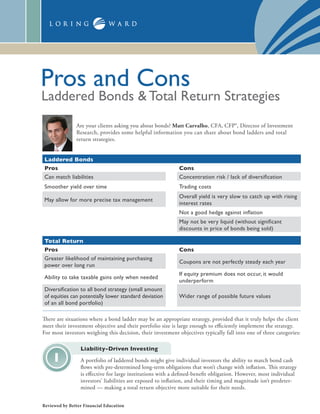 Are your clients asking you about bonds? Matt Carvalho, CFA, CFP®, Director of Investment
Research, provides some helpful information you can share about bond ladders and total
return strategies.
Laddered Bonds
Pros Cons
Can match liabilities Concentration risk / lack of diversification
Smoother yield over time Trading costs
May allow for more precise tax management
Overall yield is very slow to catch up with rising
interest rates
Not a good hedge against inflation
May not be very liquid (without significant
discounts in price of bonds being sold)
Total Return
Pros Cons
Greater likelihood of maintaining purchasing
power over long run
Coupons are not perfectly steady each year
Ability to take taxable gains only when needed
If equity premium does not occur, it would
underperform
Diversification to all bond strategy (small amount
of equities can potentially lower standard deviation
of an all bond portfolio)
Wider range of possible future values
There are situations where a bond ladder may be an appropriate strategy, provided that it truly helps the client
meet their investment objective and their portfolio size is large enough to efficiently implement the strategy.
For most investors weighing this decision, their investment objectives typically fall into one of three categories:
Liability-Driven Investing
A portfolio of laddered bonds might give individual investors the ability to match bond cash
flows with pre-determined long-term obligations that won’t change with inflation. This strategy
is effective for large institutions with a defined-benefit obligation. However, most individual
investors’ liabilities are exposed to inflation, and their timing and magnitude isn’t predeter-
mined — making a total return objective more suitable for their needs.
Pros and Cons
Laddered Bonds & Total Return Strategies
Reviewed by Better Financial Education
 