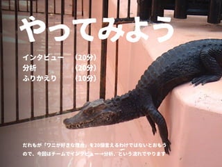やってみよう
インタビュー （20分）
分析     （20分）
ふりかえり  （10分）
だれもが「ワニが好きな理由」を20個言えるわけではないとおもう
ので、今回はチームでインタビュー→分析、という流れでやります
 