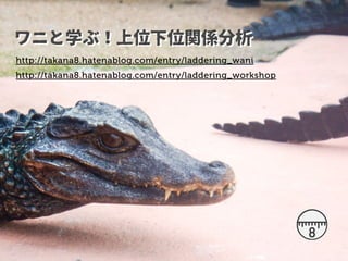 ワニと学ぶ！上位下位関係分析
http://takana8.hatenablog.com/entry/laddering_wani
http://takana8.hatenablog.com/entry/laddering_workshop
 