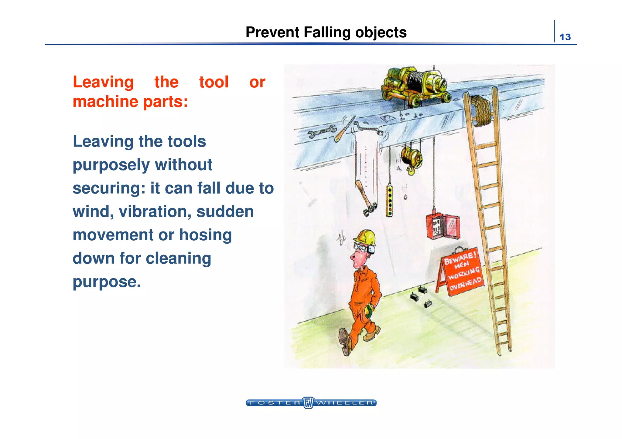13
Leaving the tools
purposely without
securing: it can fall due to
wind, vibration, sudden
Leaving the tool or
machine parts:
Prevent Falling objects
wind, vibration, sudden
movement or hosing
down for cleaning
purpose.
24
 