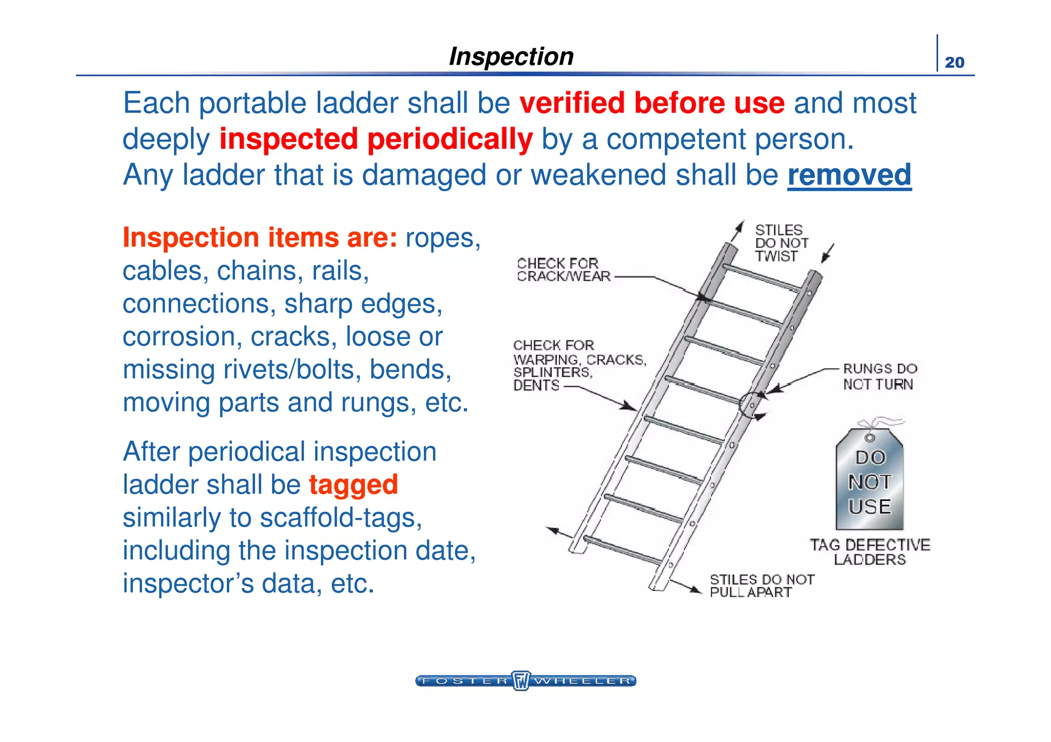 20Inspection
Each portable ladder shall be verified before use and most
deeply inspected periodicallyinspected periodically by a competent person.
Any ladder that is damaged or weakened shall be removedremoved
Inspection items are:Inspection items are: ropes,
cables, chains, rails,
connections, sharp edges,
corrosion, cracks, loose or
missing rivets/bolts, bends,missing rivets/bolts, bends,
moving parts and rungs, etc.
After periodical inspection
ladder shall be taggedtagged
similarly to scaffold-tags,
including the inspection date,
inspector’s data, etc.
 