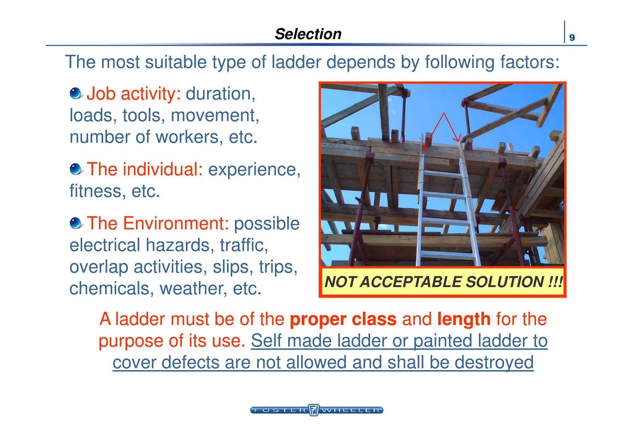9Selection
The most suitable type of ladder depends by following factors:
Job activity: duration,
loads, tools, movement,
number of workers, etc.
The individual: experience,
fitness, etc.
The Environment: possibleThe Environment: possible
electrical hazards, traffic,
overlap activities, slips, trips,
chemicals, weather, etc. NOT ACCEPTABLE SOLUTION !!!
A ladder must be of the proper classproper class and lengthlength for the
purpose of its use. Self made ladder or painted ladder to
cover defects are not allowed and shall be destroyed
 