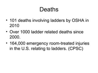 Deaths
• 101 deaths involving ladders by OSHA in
2010
• Over 1000 ladder related deaths since
2000.
• 164,000 emergency room-treated injuries
in the U.S. relating to ladders. (CPSC)
 