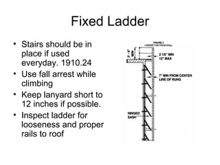 Fixed Ladder
• Stairs should be in
place if used
everyday. 1910.24
• Use fall arrest while
climbing
• Keep lanyard short to
12 inches if possible.
• Inspect ladder for
looseness and proper
rails to roof

 