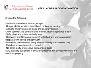 KEEP LADDER IN GOOD CONDITION
Ensure the following:
•Side rails aren't bent, broken, or split
•Rungs, cleats, or steps aren't bent, broken, or missing
•All bolts and rivets are in place and securely tighten
•Joint between the side rails and the individual rungs/steps is tight
•Safety feet are not excessively worn
•Hardware and fittings are securely attached and working properly
•Ropes aren't frayed or badly worn
•Moveable parts operate freely without binding or excessive play.
•Metal components aren't corroded.
•No other faulty or defective components exist.
•Any auxiliary equipment is securely attached, not excessively worn and
functions properly.
 