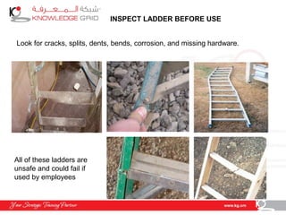 INSPECT LADDER BEFORE USE
Look for cracks, splits, dents, bends, corrosion, and missing hardware.
All of these ladders are
unsafe and could fail if
used by employees
 