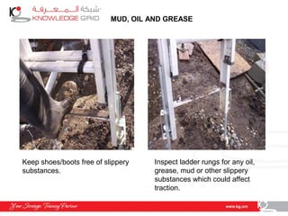 MUD, OIL AND GREASE
Keep shoes/boots free of slippery
substances.
Inspect ladder rungs for any oil,
grease, mud or other slippery
substances which could affect
traction.
 