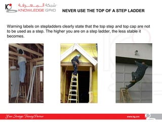 NEVER USE THE TOP OF A STEP LADDER
Warning labels on stepladders clearly state that the top step and top cap are not
to be used as a step. The higher you are on a step ladder, the less stable it
becomes.
 