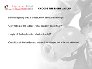 CHOOSE THE RIGHT LADDER
Before stepping onto a ladder, think about these things:
•Duty rating of the ladder—what capacity can it hold?
•Height of the ladder—too short or too tall?
•Condition of the ladder and instructions unique to the ladder selected.
 