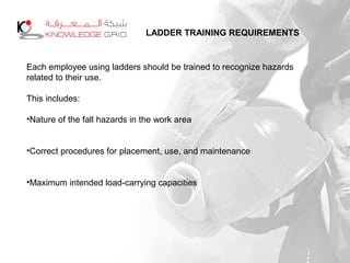 LADDER TRAINING REQUIREMENTS
Each employee using ladders should be trained to recognize hazards
related to their use.
This includes:
•Nature of the fall hazards in the work area
•Correct procedures for placement, use, and maintenance
•Maximum intended load-carrying capacities
 
