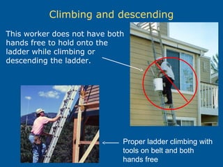 Climbing and descending
This worker does not have both
hands free to hold onto the
ladder while climbing or
descending the ladder.
Proper ladder climbing with
tools on belt and both
hands free
 