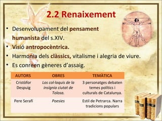 2.2 Renaixement
• Desenvolupament del pensament
humanista del s.XIV.
• Visió antropocèntrica.
• Harmonia dels clàssics, vi...