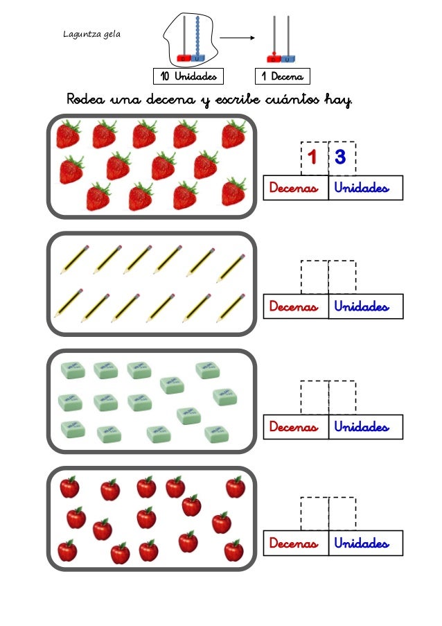 Laguntza gela 
Rodea una decena y escribe cuÃ¡ntos hay. 
10 Unidades 
1 Decena 
1 
Decenas 
Unidades 
3 
Unidades 
Decenas ...