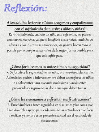 A los adultos lectores: ¿Cómo acogemos y empatizamos con el sufrimiento de nuestros niños y niñas? R; Principalmente, cuando un niño esta sufriendo, los padres comparten esa pena, ya que si les afecta a sus niños, también les afecta a ellos. Ante estas situaciones, los padres hacen todo lo posible por aconsejar a sus niños de la mejor forma posible para que este sufrir pase.  ¿Cómo fortalecemos su autoestima y su seguridad? R; Se fortalece la seguridad de un niño, primero dándoles cariño. Además los padres o tutores siempre deben aconsejar a los niños o adolescentes para que ante cualquier situación estén preparados y seguro de las decisiones que deben tomar.  ¿Cómo les enseñamos a enfrentar sus frustraciones? R: Enseñándoles a tener seguridad en si mismos y las cosas que hace. dándoles apoyo para cada una de las actividades que fuese a realizar y siempre estar presente sea cual sea el resultado de sus acciones.  Reflexión: 