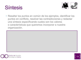 Síntesis
• Resaltar los puntos en común de los ejemplos, identificar los
puntos en conflicto, resolver las contradicciones y redactar
una síntesis especificando cuales son los valores
o características que queremos incorporar a nuestra
organización.
13
 