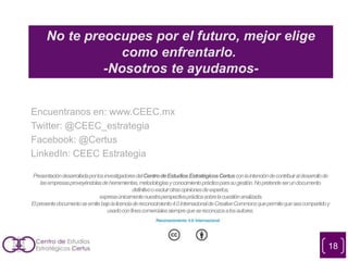 Encuentranos en: www.CEEC.mx
Twitter: @CEEC_estrategia
Facebook: @Certus
LinkedIn: CEEC Estrategia
18
No te preocupes por el futuro, mejor elige
como enfrentarlo.
-Nosotros te ayudamos-
PresentacióndesarrolladaporlosinvestigadoresdelCentrodeEstudiosEstratégicosCertusconlaintencióndecontribuiraldesarrollode
lasempresasproveyéndolasdeherramientas,metodologíasyconocimientoprácticoparasugestión.Nopretendeserundocumento
definitivooexcluirotrasopinionesdeexpertos,
expresaúnicamentenuestraperspectivaprácticasobrelacuestiónanalizada.
Elpresentedocumentoseemitebajolalicenciadereconocimiento4.0InternacionaldeCreativeCommonsquepermitequeseacompartidoy
usadoconfinescomercialessiemprequesereconozcaalosautores.
 