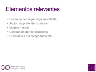 Elementos relevantes
• Deseo de conseguir algo importante
• Acción de pretender o desear.
• Modelo mental
• Compartido por los directores
• Orientativos del comportamiento
4
 