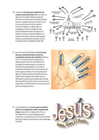 10 La Iglesia. Creemosque LaIglesiaesel
cuerpo místicode Cristo(Efesios5:23).La
iglesiaestáconformadaportodaslas
personasrenacidasporla obradel Espíritu
Santoy la palabrade Diosenbase a lafe
enJesucristo(Juan3:5),de todoslo
tiemposylugares. LaIglesiaque se
congregaen localesvisibleshasido
comisionadaparahacer discípulosen
todaslas naciones,bautizándolesenel
nombre del Padre,del Hijoydel Espíritu
Santoy enseñándolesacumplirconlos
mandatosde Cristo(Mateo 28:18-20).
11 Los ministrosde laPalabra. Creemosque
Dios por mediodel Espíritu Santo ha
constituidoministrosde la Palabra (Efesios
4:11). El ministeriode laPalabranose
adquiere porherencia,transferenciao
encargode hombre alguno,sinoporun
llamamientodivino paraunministerio
específico(Hebreos5:4).Este llamamiento
tiene signosvisiblesyesreconocidoporla
Iglesia.El Señorhaprovistode Ministerios,
segúnlosprincipiosescriturales,parala
edificaciónyperfeccionamientodel Cuerpo
de Cristo(Efesios4:12).Estos ministeriosson
especiales,sondiferentesenfunción,perono
tienenjerarquíaentre sí.
12 La SanidadDivina. Creemosque lasanidad
divinaes resultadode la obra expiatoriade
Cristo (Isaías53:4-5; Mateo10:1,7-8). La
sanidaddivinaesunprivilegioparalos
creyentes,yse obtiene porlafe enlosméritos
de Cristo,segúnlasoberaníade Dios(Santiago
5:14-16).
 