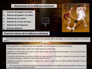 1. Defensa del jugador sin balón
2. Defensa del jugador con balón
3. Defensa de los postes
4. Defensa de la línea de fondo
5. Defensa de los bloqueos
6. Balance defensivo
Situaciones en la defensa individual
Posición básica de la defensa individual
Una buena defensa individual depende en parte de la posición básica del jugador, la cual debe realizar de la siguiente
manera:
•Pies separados, uno adelantado del otro, apoyados en la parte anterior de la planta de los pies.
•Rodillas semi-flexionadas, el peso del cuerpo repartido en ambos pies.
•Extender un brazo arriba para impedir la visión del lanzador, generalmente para distraerlo, a la vez que sirve para
impedir pases y lanzamientos
•La posición del otro brazo al nivel de la cintura es usado para sentir y mantener a distancia a su oponente, impedir
un pase del oponente, o estorbar el drible del jugador oponente.
•Mantener la mirada en su oponente a la altura de la cintura o pecho con una visión periférica del balón y de los
demás atacantes.
Por otra parte, la ubicación del defensa variará dependiendo de la distancia que exista entre la persona que
marca y la del jugador que tiene el balón.
 