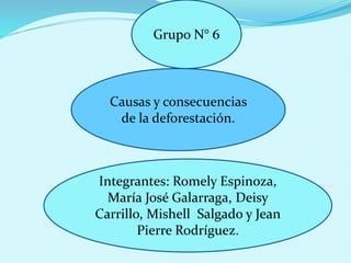 Grupo N° 6
Causas y consecuencias
de la deforestación.
Integrantes: Romely Espinoza,
María José Galarraga, Deisy
Carrillo, Mishell Salgado y Jean
Pierre Rodríguez.
 