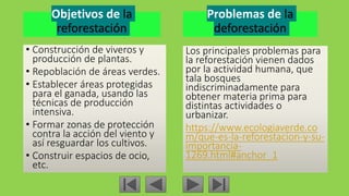 Objetivos de la
reforestación
• Construcción de viveros y
producción de plantas.
• Repoblación de áreas verdes.
• Establecer áreas protegidas
para el ganada, usando las
técnicas de producción
intensiva.
• Formar zonas de protección
contra la acción del viento y
así resguardar los cultivos.
• Construir espacios de ocio,
etc.
Problemas de la
deforestación
Los principales problemas para
la reforestación vienen dados
por la actividad humana, que
tala bosques
indiscriminadamente para
obtener materia prima para
distintas actividades o
urbanizar.
https://www.ecologiaverde.co
m/que-es-la-reforestacion-y-su-
importancia-
1269.html#anchor_1
 