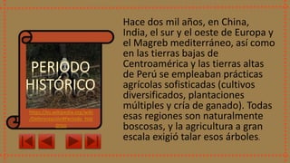 Hace dos mil años, en China,
India, el sur y el oeste de Europa y
el Magreb mediterráneo, así como
en las tierras bajas de
Centroamérica y las tierras altas
de Perú se empleaban prácticas
agrícolas sofisticadas (cultivos
diversificados, plantaciones
múltiples y cría de ganado). Todas
esas regiones son naturalmente
boscosas, y la agricultura a gran
escala exigió talar esos árboles.
https://es.wikipedia.org/wiki
/Deforestación#Periodo_hist
órico
 
