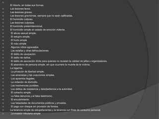 
El Aborto, en todas sus formas.
 Las lesiones leves.
 Las lesiones graves.
 Las lesiones gravísimas, siempre que no sean calificadas.
 El homicidio culposo.
 Las lesiones culposas.
 El homicidio preterintencional.
 El homicidio simple en estado de emoción violenta.
 El abuso sexual simple.
 El estupro simple.
 El hurto simple
 El robo simple
 Algunos robos agravados
 Las estafas y otras defraudaciones
 El delito de usurpación.
 El delito de daños.
 El delito de asociación ilícita para quienes no revistan la calidad de jefes u organizadores.
 El abandono de persona simple, sin que ocurriere la muerte de la víctima.
 La bigamia.
 La privación de libertad simple.
 Las amenazas y las coacciones simples.
 Los apremios ilegales.
 La violación de domicilio.
 Las insolvencias punibles.
 Los delitos de resistencia y desobediencia a la autoridad.
 El cohecho simple.
 La falsa denuncia y el falso testimonio.
 El encubrimiento.
 Las falsedades de documentos públicos y privados.
 El pago con cheque sin provisión de fondos.
 La tenencia simple de estupefacientes y la tenencia con fines de consumo personal.
 La evasión tributaria simple
 