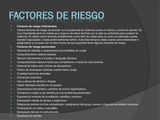  Factores de riesgo individuales
 Ciertos factores de riesgo se asocian con el potencial de violencia contra sí mismo y contra los demás. Es
muy importante tener en mente que ninguno de estos factores por sí solo es suficiente para predecir la
violencia. El utilizar estos factores simplemente como lista de cotejo para un joven en particular puede
resultar inapropiado y hasta potencialmente dañino. Esta lista tampoco debe usarse para estereotipar o
estigmatizar a un joven por el mero hecho de que aparente tener algunos factores de riesgo.
 Factores de riesgo personales
 Historial de rabietas o explosiones incontrolables de coraje.
 Comportamiento violento pasado.
 Recurrir típicamente a insultos o lenguaje ofensivo.
 Comportamiento abusivo hacia sus compañeros o hacia los más jóvenes.
 Historial de haber sido víctima de abusadores.
 Patrón de amenazas violentas cuando tiene coraje.
 Crueldad hacia los animales.
 Comenzar incendios.
 Uso y abuso de alcohol o drogas.
 Haber intentado suicidio en el pasado.
 Depresiones frecuentes o cambios de humor significativos .
 Tendencia a culpar a los demás por sus problemas personales.
 Experiencia reciente de humillación, pérdida o rechazo.
 Demasiado interés en armas o explosivos.
 Relaciones pobres con los compañeros, marginación del grupo, pocas o ningunas amistades cercanas.
 Participación en cultos o pandillas.
 Demasiado tiempo no estructurado.
 Quedarse sin familia.
 