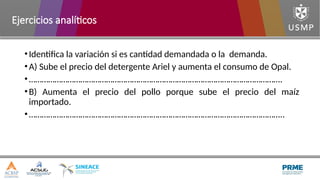 •Identifica la variación si es cantidad demandada o la demanda.
•A) Sube el precio del detergente Ariel y aumenta el consumo de Opal.
•……………………………………………………………………………………………………….
•B) Aumenta el precio del pollo porque sube el precio del maíz
importado.
•………………………………………………………………………………………………………..
Ejercicios analíticos
 